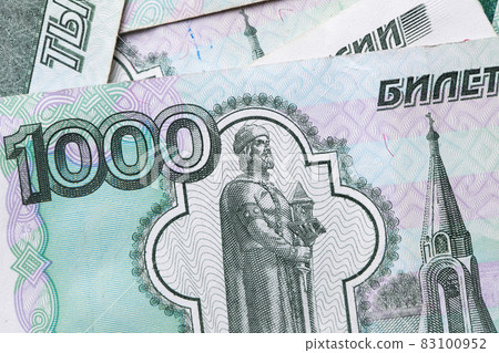 Russian ruble. Russian currency closeup in the form of texture. 83100952