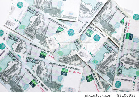 Russian ruble. Russian currency closeup in the form of texture. 83100955