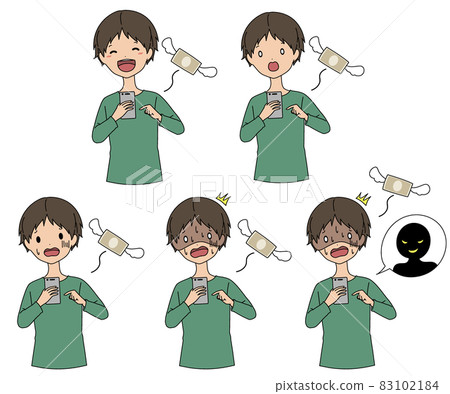 A material set of flying money with a man who operates a smartphone that is smiling, pale or confused A material set of flying money with a man who operates a smartphone that is smiling, pale or confused 83102184