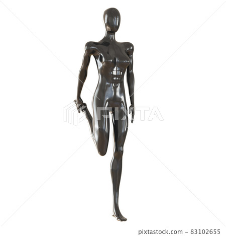 A female glossy mannequin stands with her knee bent and holding her foot. Stretching the quadriceps. 3d rendering 83102655