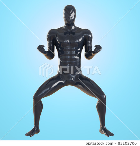 A black male mannequin with a patterned head crouched and holds his hands in fists. Front view. 3d rendering. Karate Pose A black male mannequin with a patterned head crouched and holds his hands in fists. Front view. 3d rendering. Karate Pose 83102700