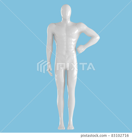 A light male faceless mannequin stands holding his hand in a fist near the waist on a blue background. 3d rendering. Frong view 83102716