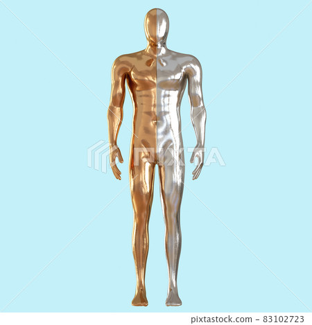 A silvery male mannequin stands in a relaxed position against a light blue background. 3d rendering 83102723