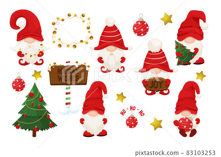 Set cute Christmas gnome, elf in red hat in cartoon style, New year greeting character isolated on white background. Traditional funny fairy with beard. 83103253