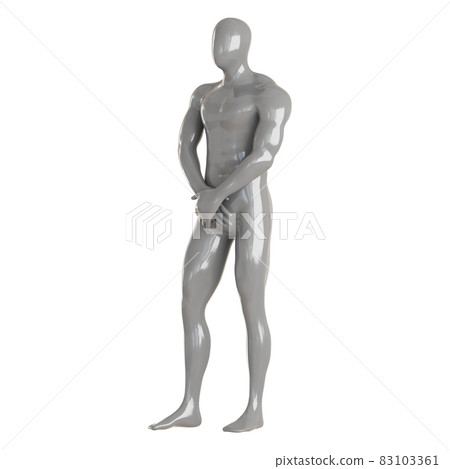 A gray male faceless mannequin stands with his palms crossed on a white background. 3d rendering 83103361