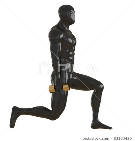 Black male muscular mannequin with golden dumbbells in lunge. Side view. 3d rendering Black male muscular mannequin with golden dumbbells in lunge. Side view. 3d rendering 83103420