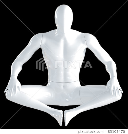 A white male mannequin sits in a butterfly pose on a black background. Yoga asana. Front view. 3d rendering A white male mannequin sits in a butterfly pose on a black background. Yoga asana. Front view. 3d rendering 83103470