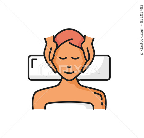 Woman at cosmetologist, face massage, skin care isolated color line icon. Vector applying facial cream to customer in beauty parlor, therapy facial care at cosmetologist bed. Beauty woman, cosmetics Woman at cosmetologist, face massage, skin care isolated color line icon. Vector applying facial cream to customer in beauty parlor, therapy facial care at cosmetologist bed. Beauty woman, cosmetics 83103482