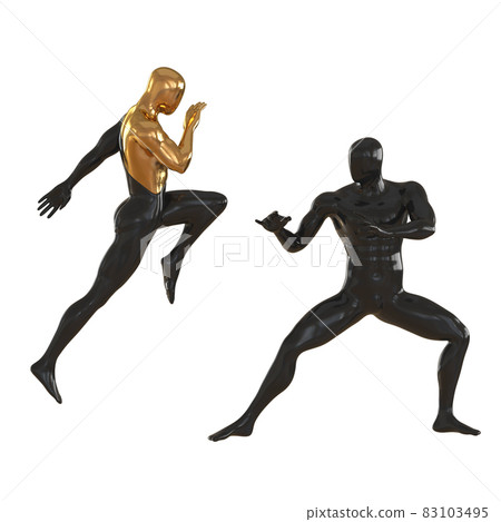 Two dummies black-gold and completely black in poses of fighters practicing techniques on a white background. 3d rendering Two dummies black-gold and completely black in poses of fighters practicing techniques on a white background. 3d rendering 83103495