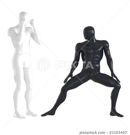 Two male faceless mannequins black and white in a pose of training fighters on an isolated background. 3d rendering 83103497
