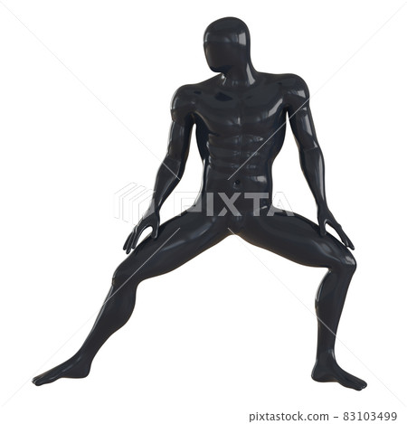 Male black athlete mannequin in a crouching pose on a white background. 3d rendering. Front view Male black athlete mannequin in a crouching pose on a white background. 3d rendering. Front view 83103499