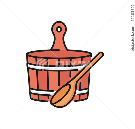 Wooden bucket and ladle, sauna bathing equipment isolated color icon. Vector traditional russian bowl and spoon, bath and shower objects. Bathing accessories, spa and beauty, relaxation and healthcare Wooden bucket and ladle, sauna bathing equipment isolated color icon. Vector traditional russian bowl and spoon, bath and shower objects. Bathing accessories, spa and beauty, relaxation and healthcare 83103501