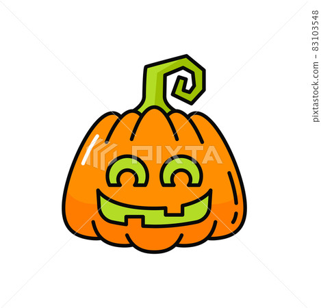 Happy Halloween pumpkin jack-o-lantern isolated icon. Vector cute guard with smiling eyes, orange squash with green mouth. Halloween party decoration, pumpkin with stem, spooky terrible vegetable Happy Halloween pumpkin jack-o-lantern isolated icon. Vector cute guard with smiling eyes, orange squash with green mouth. Halloween party decoration, pumpkin with stem, spooky terrible vegetable 83103548