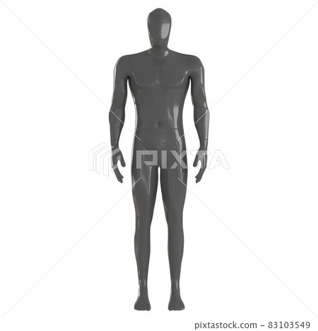 A gray male abstract mannequin with an angular head stands in a relaxed pose on an isolated background. 3d rendering 83103549