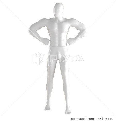 White male abstract mannequin stands holding bent arms at sides on isolated background. 3d rendering White male abstract mannequin stands holding bent arms at sides on isolated background. 3d rendering 83103550
