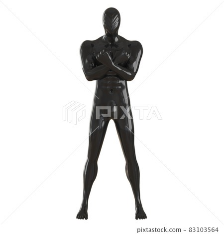 A male black mannequin with a decorative patterned face stands with his arms crossed in fists in front of his chest. 3d rendering 83103564