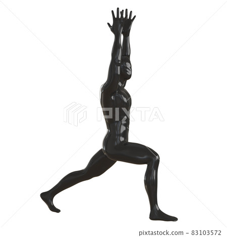 The black male glossy mannequin stands by making a lunge with his foot forward and holding his hands over his head. Yoga asana. 3d rendering The black male glossy mannequin stands by making a lunge with his foot forward and holding his hands over his head. Yoga asana. 3d rendering 83103572