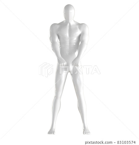 White male faceless mannequin stands holding hands in claps in front of him on an isolated background. 3d rendering White male faceless mannequin stands holding hands in claps in front of him on an isolated background. 3d rendering 83103574