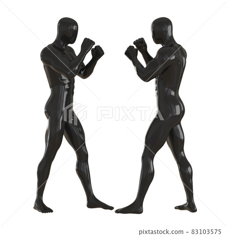 Two black male dummies stand opposite each other with their hands in fists. Sparing pose. 3d rendering Two black male dummies stand opposite each other with their hands in fists. Sparing pose. 3d rendering 83103575