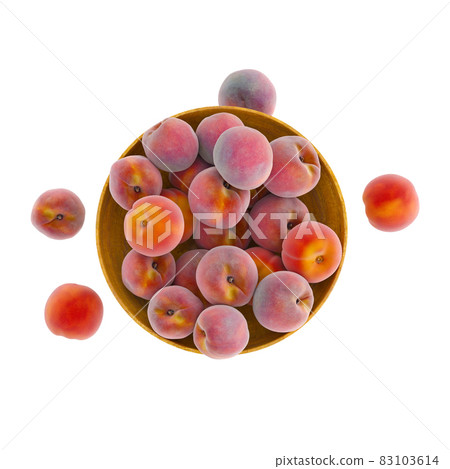 Round wooden vase with ripe peaches on an isolated background. Top view. 3d rendering 83103614