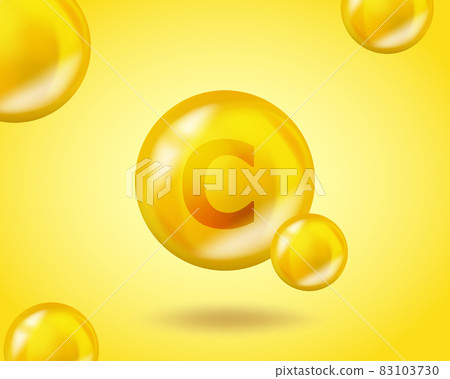 3D Vitamin drop C Ascorbic acid pill capsule. Realistic C Ascorbic acid Vitamin complex design illustration. Yellow drug nutrition design. 83103730