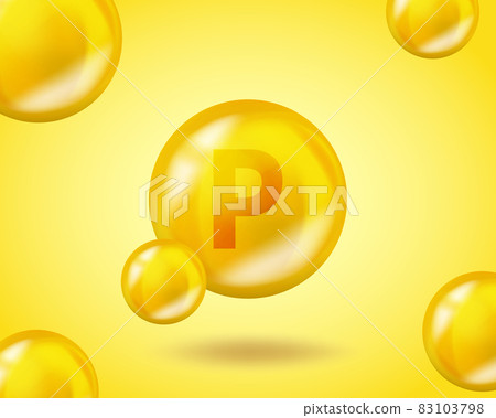 3D Vitamin drop P Flavonoid pill capsule. Realistic P Flavonoid Vitamin complex design illustration. Yellow drug nutrition design. 83103798