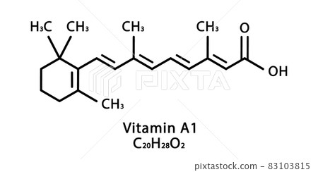 Vitamin A1 Retinoic acid molecular structure. Vitamin A1 Retinol skeletal chemical formula. Chemical molecular formulas 83103815