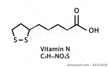 Vitamin N Lipoic acid molecular structure. N Lipoic acid Vitamin skeletal chemical formula. Chemical molecular formulas 83103826