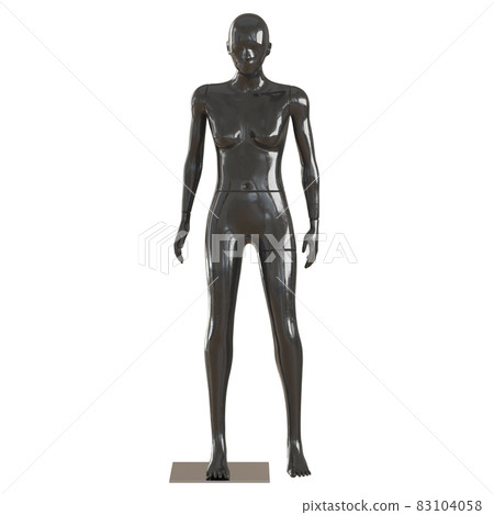 Black female glossy mannequin stands on a white background. Front view. 3d rendering Black female glossy mannequin stands on a white background. Front view. 3d rendering 83104058