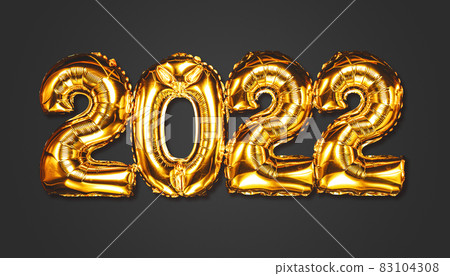 Happy New year 2022 celebration. Bright gold balloons figures New Year Balloons with glitter stars on dark background. Christmas and new year celebration. Gold foil balloons numeral 2022 and confetti Happy New year 2022 celebration. Bright gold balloons figures New Year Balloons with glitter stars on dark background. Christmas and new year celebration. Gold foil balloons numeral 2022 and confetti 83104308