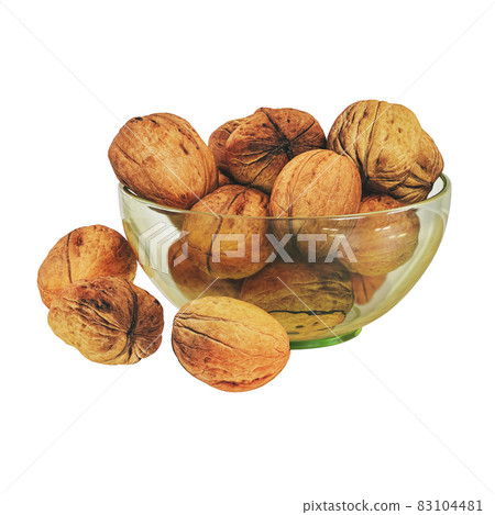 Transparent vase with walnuts on an isolated background. 3d rendering Transparent vase with walnuts on an isolated background. 3d rendering 83104481