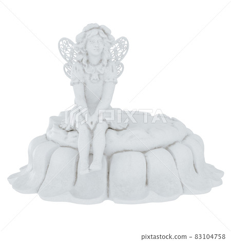 White statuette of a girl with butterfly wings sitting on a flower on a white background. Front view. 3d rendering White statuette of a girl with butterfly wings sitting on a flower on a white background. Front view. 3d rendering 83104758