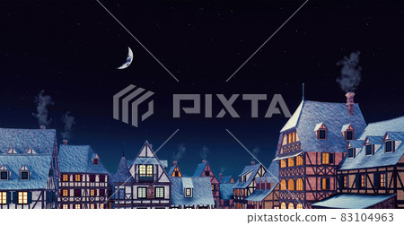 Cozy medieval town rooftops under night moon sky Cozy medieval town rooftops under night moon sky 83104963