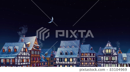 House rooftops smoking chimneys at winter night 3D House rooftops smoking chimneys at winter night 3D 83104969