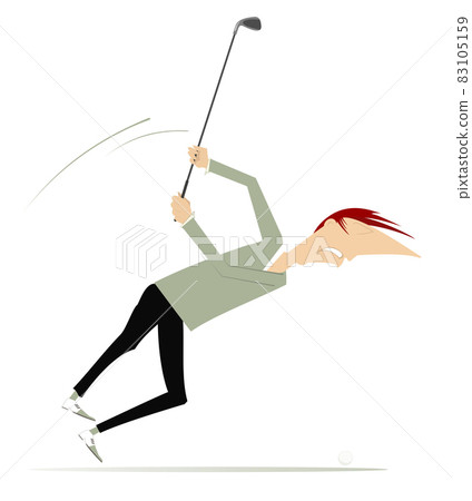 Cartoon golfer man on the golf course illustration.  Funny angry golfer with a golf club tries to do a good kick isolated on white Cartoon golfer man on the golf course illustration.  Funny angry golfer with a golf club tries to do a good kick isolated on white 83105159