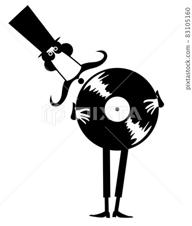 Funny man with vinyl record original icon.  Cartoon long mustache man in the top hat holds holding a record black on white 83105160