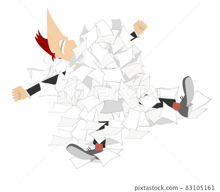 Businessman and a pile of papers illustration.  Man lies under the big pile of papers or documents isolated on white 83105161