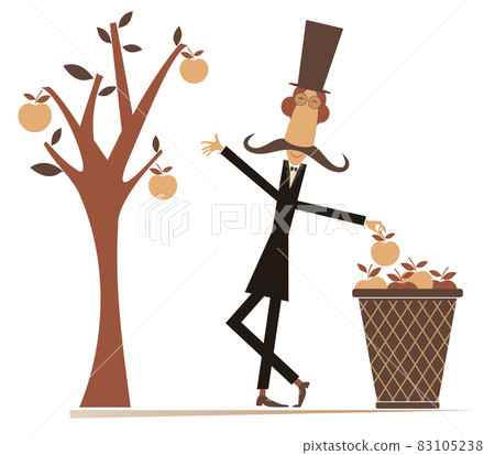 Cartoon gardener, apple tree, big basket illustration.  Comic long mustache man in the top hat picks apples from the tree and puts them into a big basket isolated on white 83105238