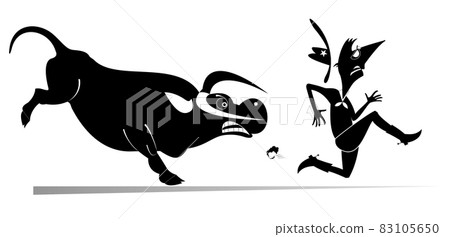Farmer or cowboy and angry bull illustration.  Frightened farmer or cowboy runs away from the angry bull black on white 83105650