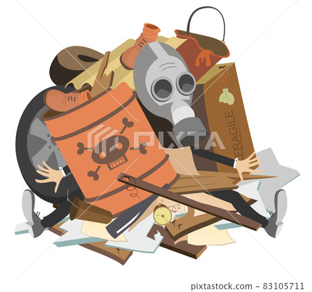 Man in the gas mask sits in the pile of garbage. Garbage collector in the gas mask surrounded with pile of garbage isolated on white Man in the gas mask sits in the pile of garbage. Garbage collector in the gas mask surrounded with pile of garbage isolated on white 83105711