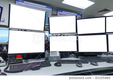 group of blank monitors and screen on security desk or control room for monitor process or stock data trading group of blank monitors and screen on security desk or control room for monitor process or stock data trading 83105866