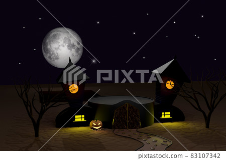 Halloween 3D render of empty podium with dark castle 83107342