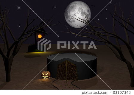 Halloween 3D render of empty podium with dark castle 83107343