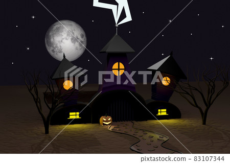 Halloween 3D render of dark castle and lightning Halloween 3D render of dark castle and lightning 83107344