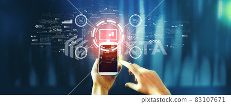 Stock trading theme with person using smartphone Stock trading theme with person using smartphone 83107671
