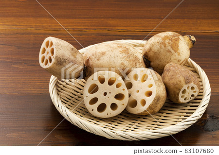 Lotus root on a colander Lotus root on a colander 83107680
