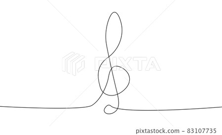 A treble clef and notes are drawn by a single black line on a white background. Continuous line drawing. 83107735