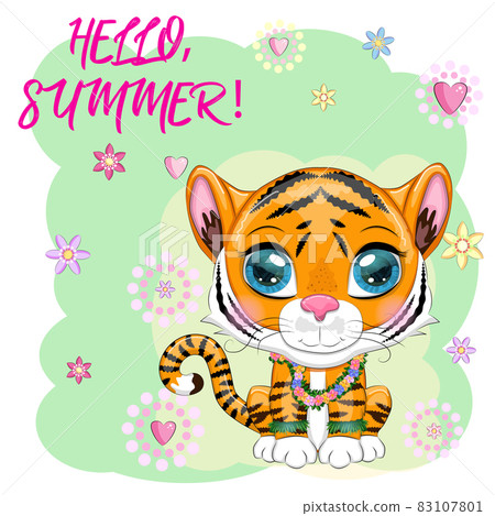 Cartoon tiger hula dancer. Hawaii, Vacation, Sea. Summer is coming. Children's style, sweetheart. Symbol of the New Year 2022 83107801