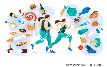 Running women with different set of healthy and fast food environment. Motivation methaphor flat vector illustration 83108018