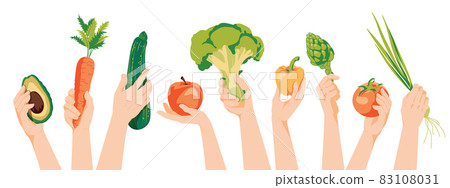 Different human hands holding fuits and vegetables. Concept harvest, agriculture, vegetarian flat vector illustration 83108031